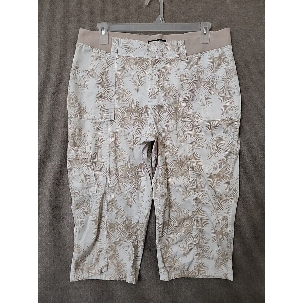 Riders Lee Skimmer Pants Womens 16 White Beige Leaf Print Roll Tab Elastic Waist